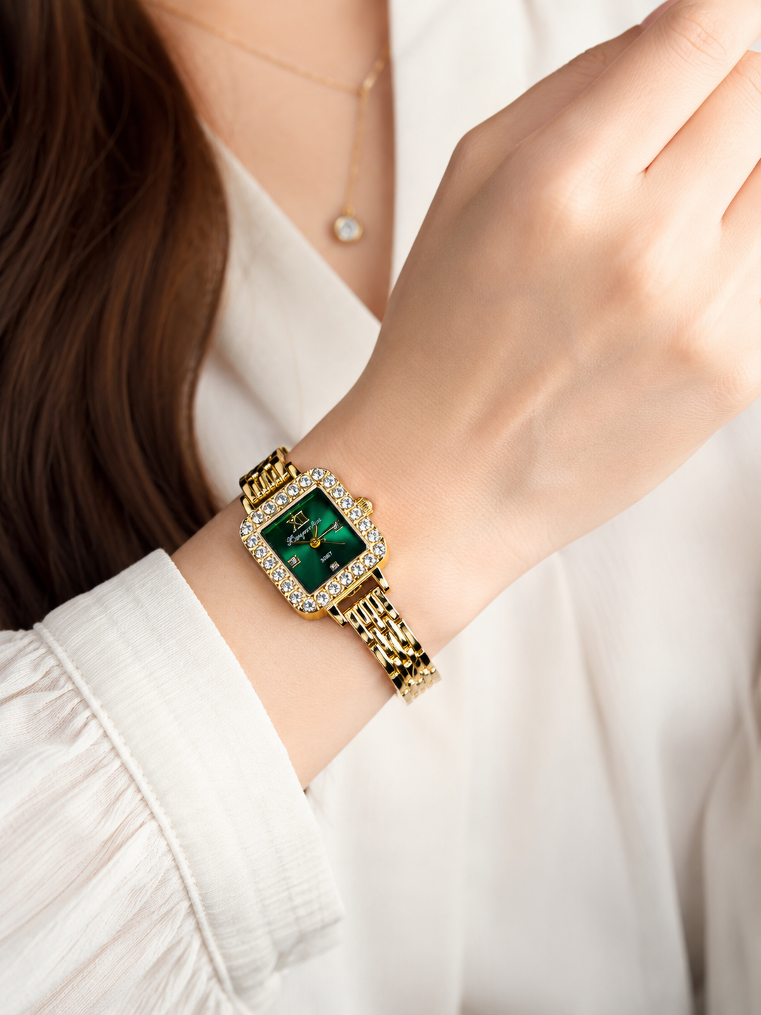 Emerald Green Square Dial Crystal Watch | Vintage Gold Link Bracelet Timepiece