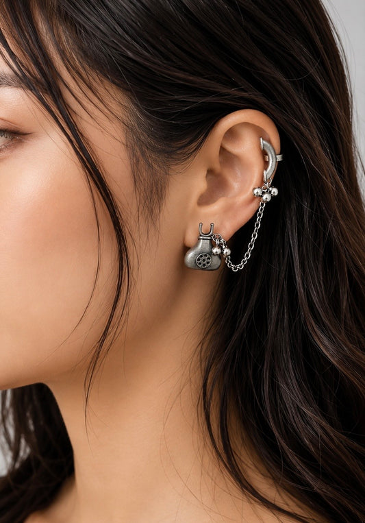 Vintage Telephone Dangle Earrings | Antique Rotary Phone Drops with Chain & Ghungroos