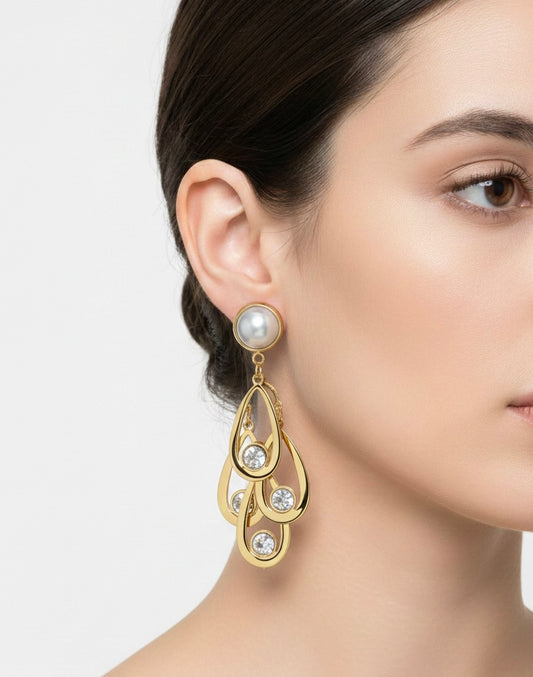 Golden Pearl & Crystal Chandelier Earrings | Multi-Tiered Teardrop Statement Dangles