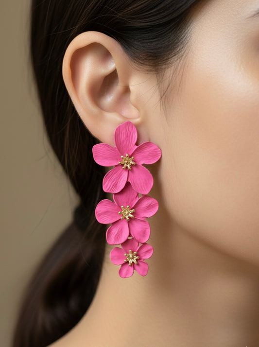 Blossom Pink Triple-Layered Floral Statement Earrings