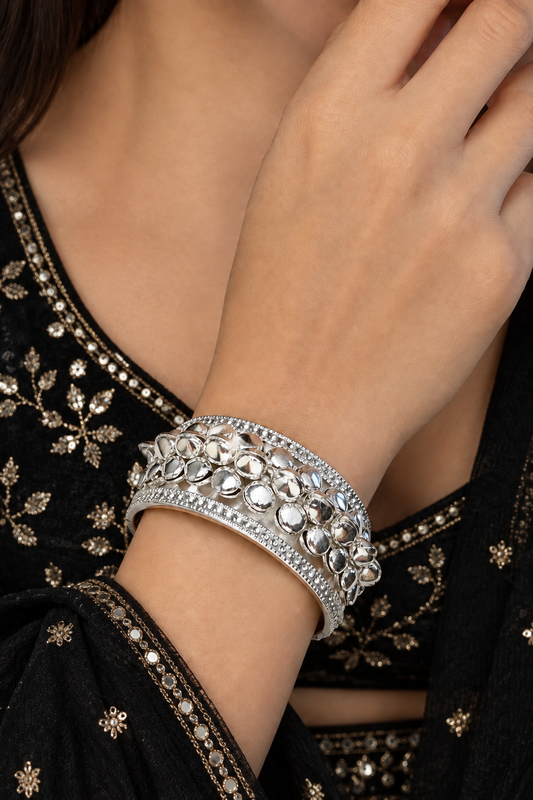 Silver Sculptural Ghungroo Cluster Bracelet | Pave Crystal Bordered Statement Cuff