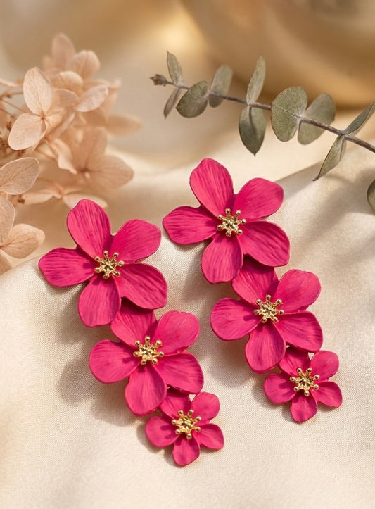 Blossom Pink Triple-Layered Floral Statement Earrings