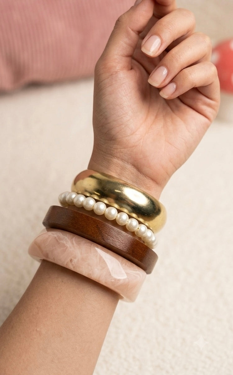 Blush Marble Resin & Walnut Bangle Stack | Pearl Bead & Domed Gold Cuff Set (Set of 4)