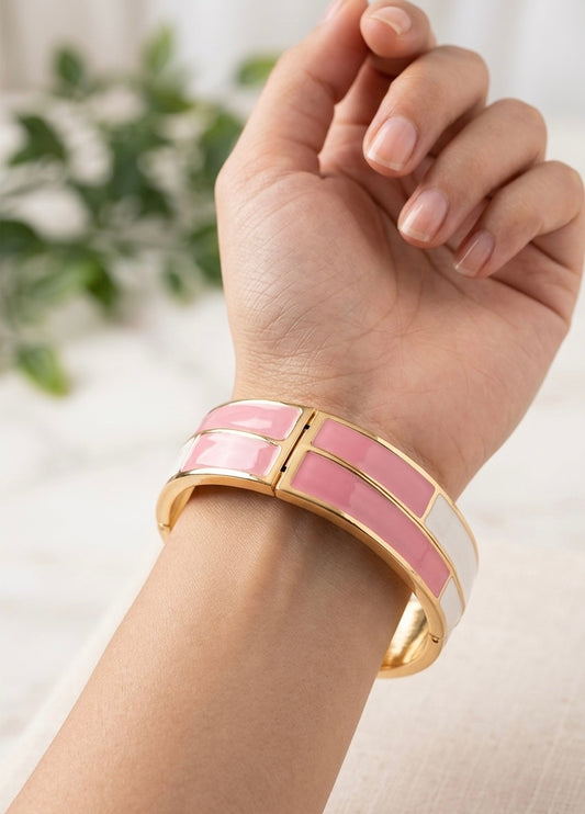 Art Deco Enamel Cuff – Geometric Pink and Pearl White Hinged Bangle in Polished Gold