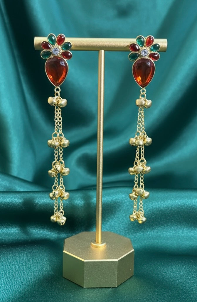 Elegant Short Length Kashmiri Jhumka Drops – Red & Green Stone Dangler Earrings