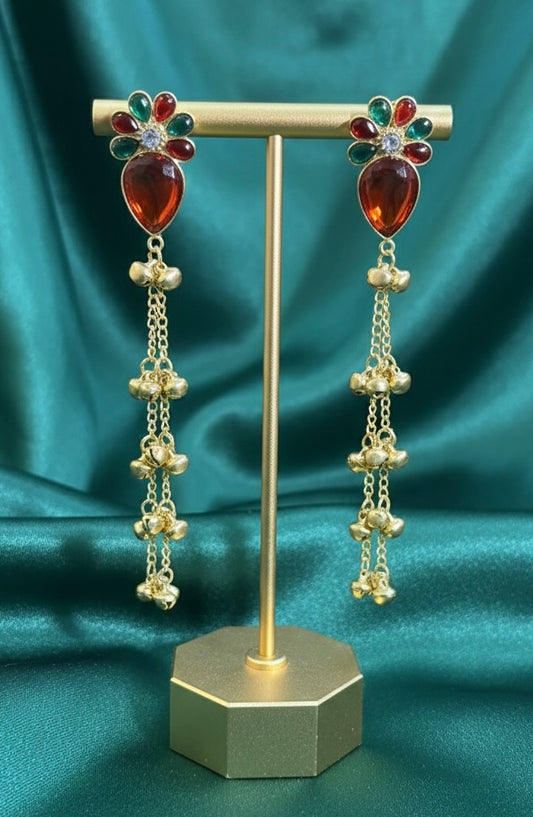 Elegant Short Length Kashmiri Jhumka Drops – Red & Green Stone Dangler Earrings