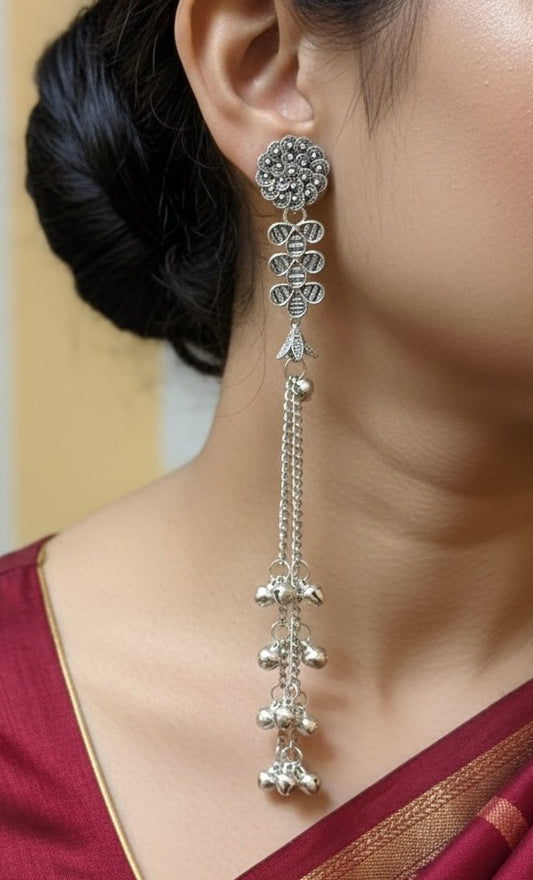 Lightweight Kashmiri Long Silver Ghungroo Jhumka Earrings