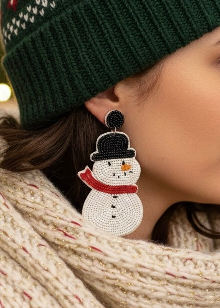 Handmade Christmas Snowman Seed Bead Dangle Earrings