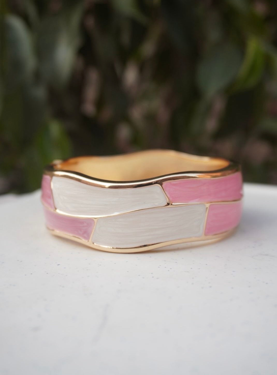 Art Deco Enamel Cuff – Geometric Pink and Pearl White Hinged Bangle in Polished Gold