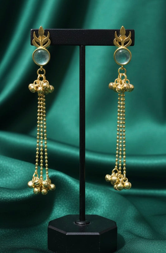 Elegant Kashmiri Aqua Stone Earrings with Gold Bead Drops