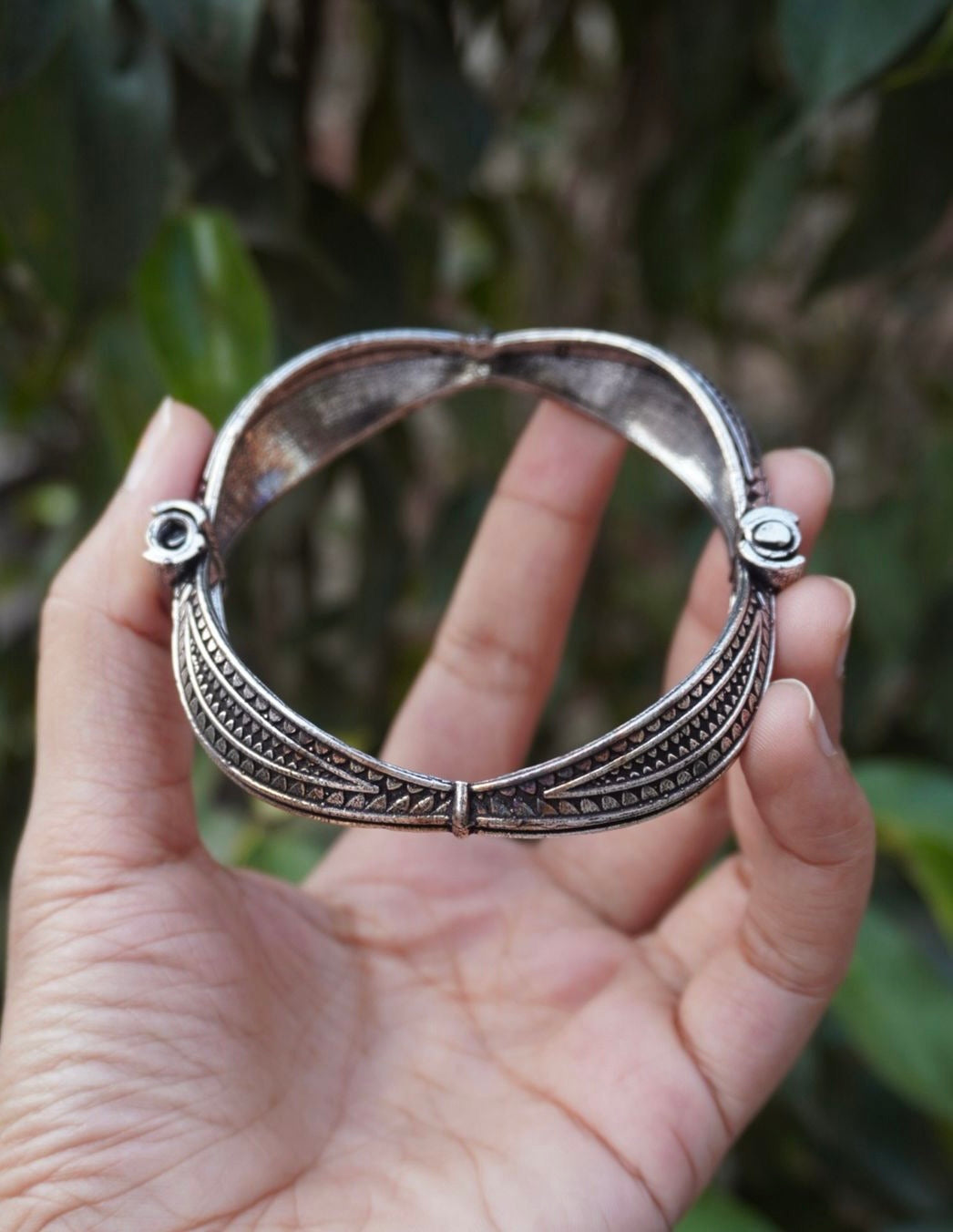 Nomadic Curved Kada – Oxidized Silver Statement Bangle with Tribal Engravings
