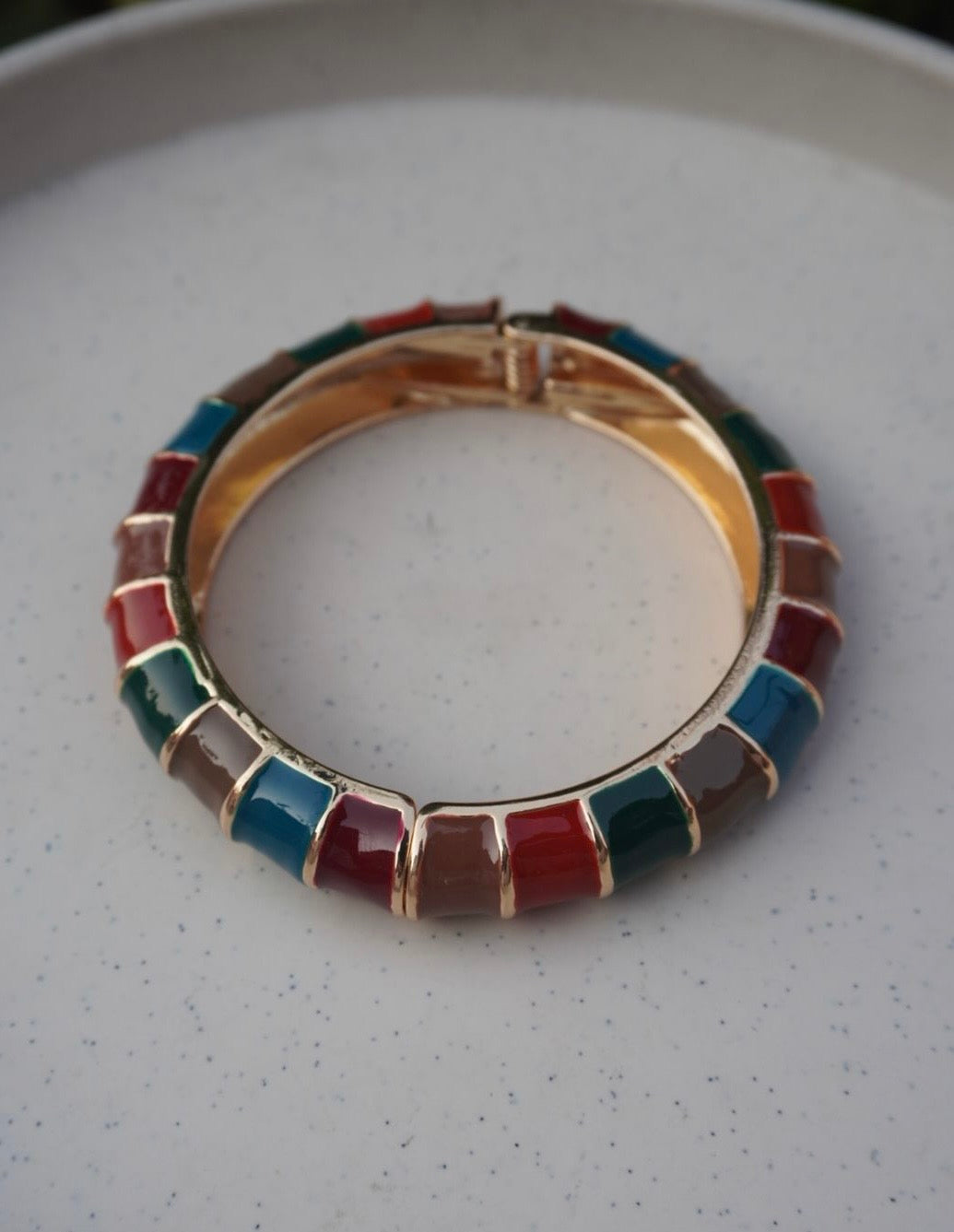 Mosaic Enamel Hinged Bangle – Multi-Color Earth Tone Paneled Bracelet in Polished Gold