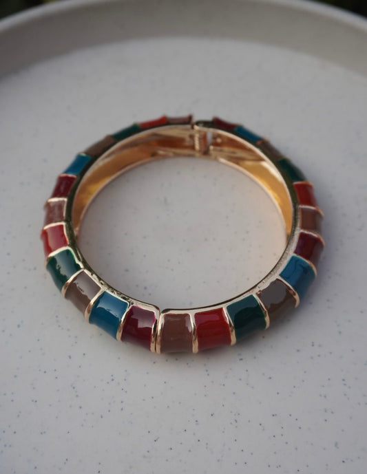Mosaic Enamel Hinged Bangle – Multi-Color Earth Tone Paneled Bracelet in Polished Gold