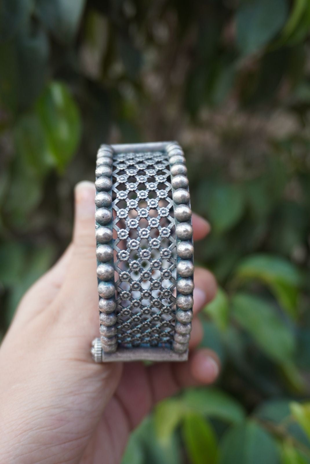 Artisanal Lattice Statement Bangle – Oxidized Silver Filigree Kada with Beaded Borders