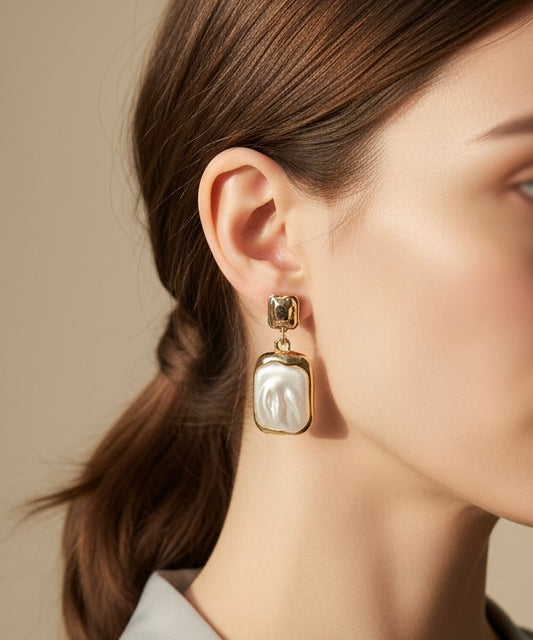 Artisan Baroque Pearl Drop Earrings – Rectangular Statement Hoops