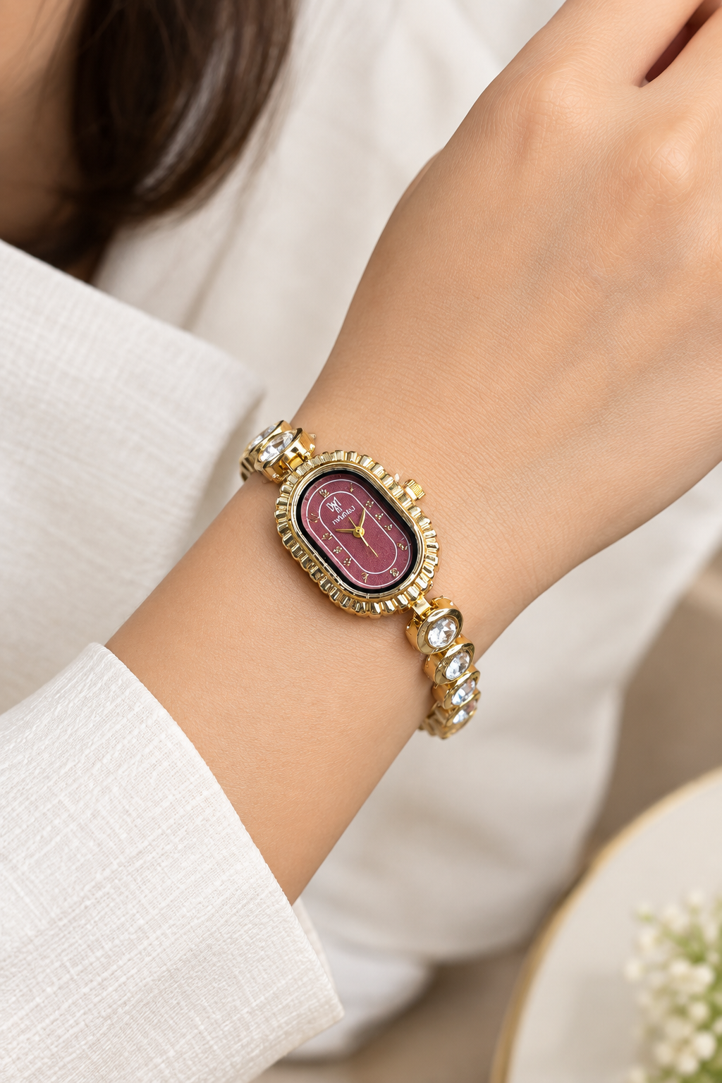 Vintage Oval Fluted Bezel Cocktail Watch | Plum Dial & Crystal Bezel
