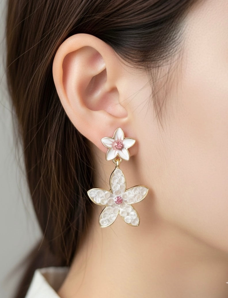 Double Blossom Flower Drop Earrings | Enamel White Petals & Pink Crystal