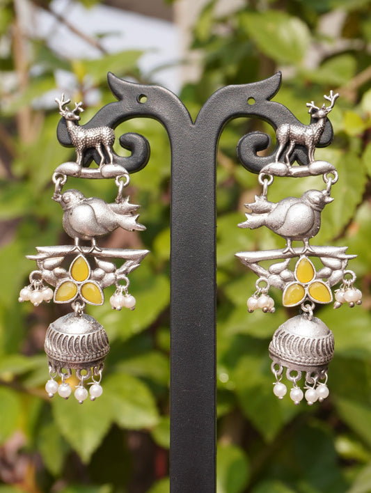 Silver Deer & Bird Motif Oxidised Jhumka Earrings with Pearl Drops
