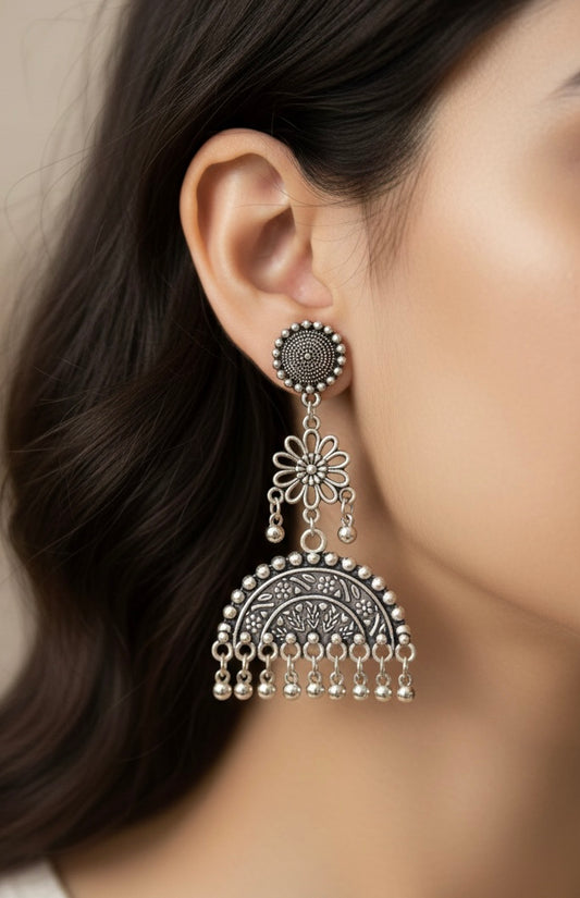 Vintage Oxidised Floral Jhumka Earrings with Beaded Danglers