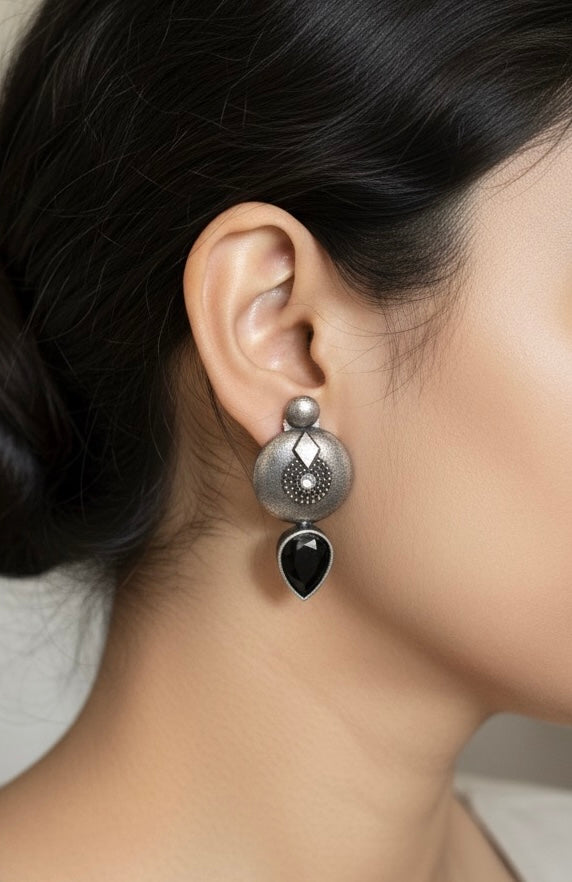 Oxidized Silver Stud Earrings with Stone Drop