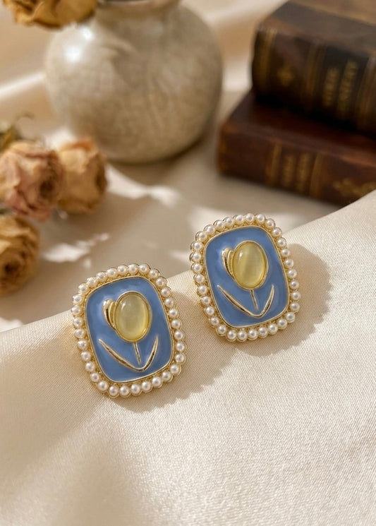 Pearl Bloom Blue Enamel Stud Earrings