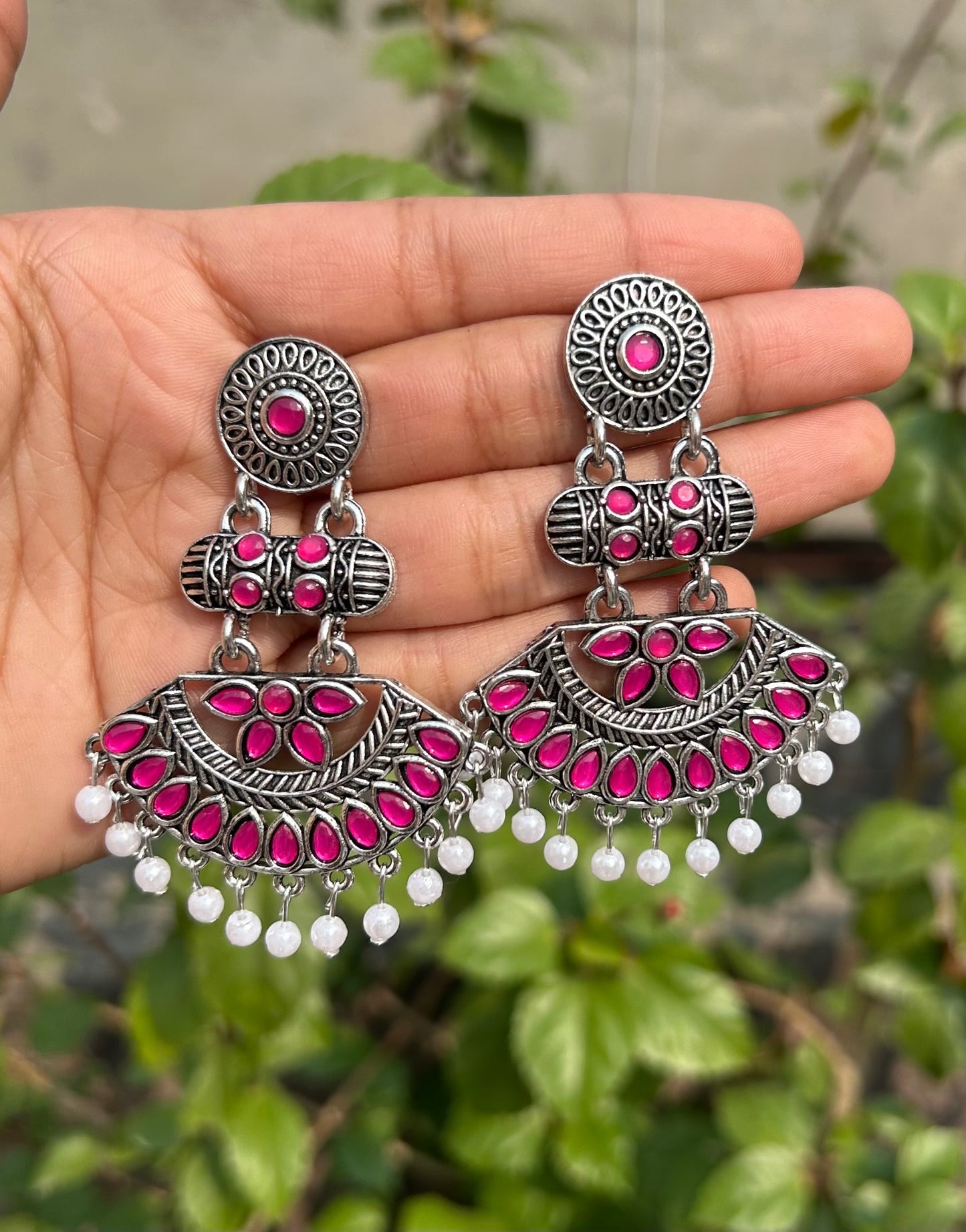 Antique Silver Oxidized Chandbali Earrings with Pearl Drops