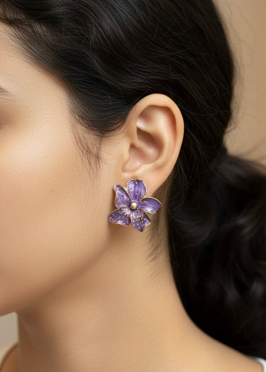 Purple Bloom Enamel Stud Earrings – Elegant Floral Statement Studs
