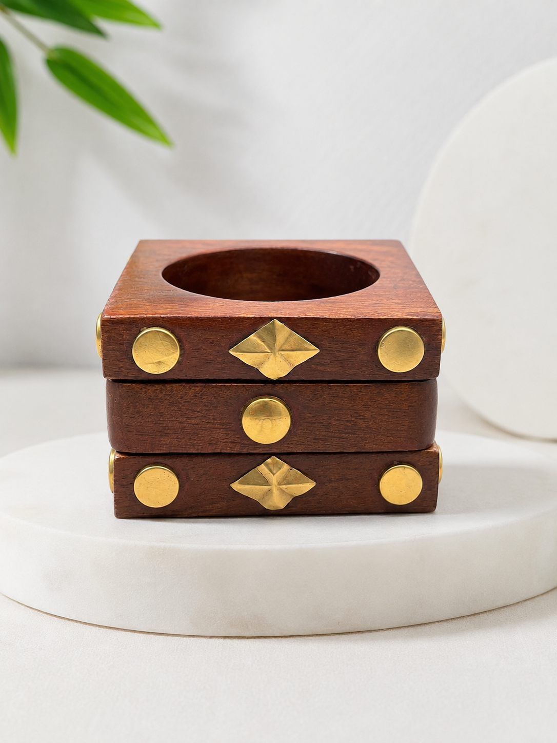Walnut Wood & Brass Studded Bangle Stack | Geometric Architectural Cuff Set (Set of 3)