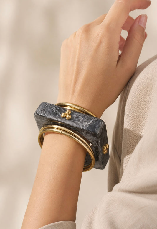 Smoky Grey Marbled Resin & Gold-Tone Bangle Stack | Sculptural Geometric Cuff Set