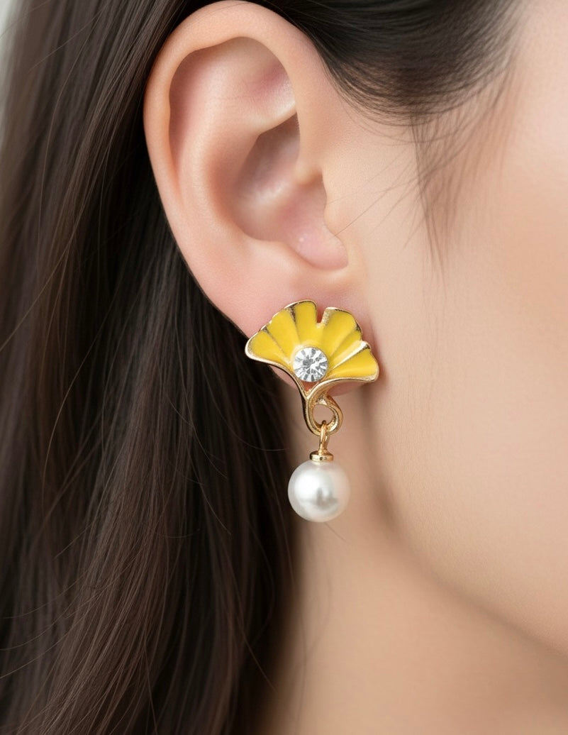 Sunshine Ginkgo Leaf & Pearl Drop Earrings | Enamel Yellow | Nature-Inspired