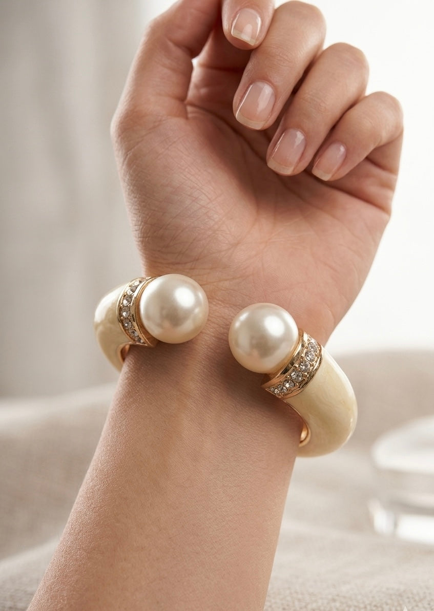 Imperial Pearl Open Cuff – Oversized Statement Bangle with Crystal Pavé Accents