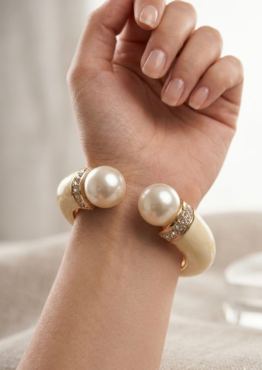 Imperial Pearl Open Cuff – Oversized Statement Bangle with Crystal Pavé Accents