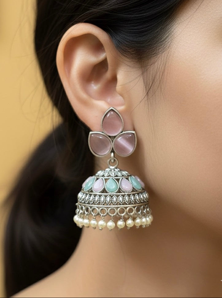 Pastel Oxidised Kundan Floral Jhumka Earrings – Handmade Ethnic Pearl Drop Jhumkas