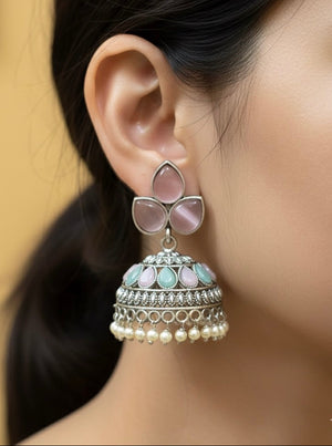 Pastel Oxidised Kundan Floral Jhumka Earrings – Handmade Ethnic Pearl Drop Jhumkas