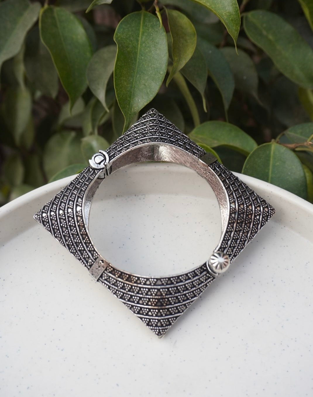 Tribal Geometric Kada – Triangular Oxidized Silver Bangle with Textured Beadwork