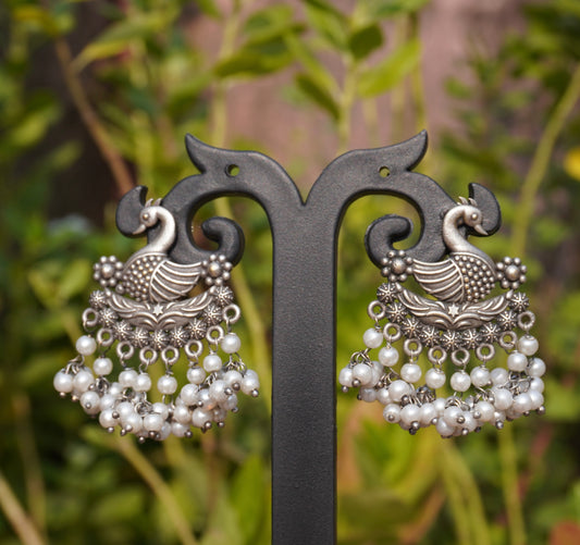 Oxidized Silver Peacock Dangler Earrings with Pearl Clusters