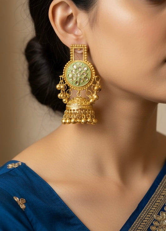Royal Kundan Meenakari Gold Jhumka – Green & Ruby Traditional Earrings