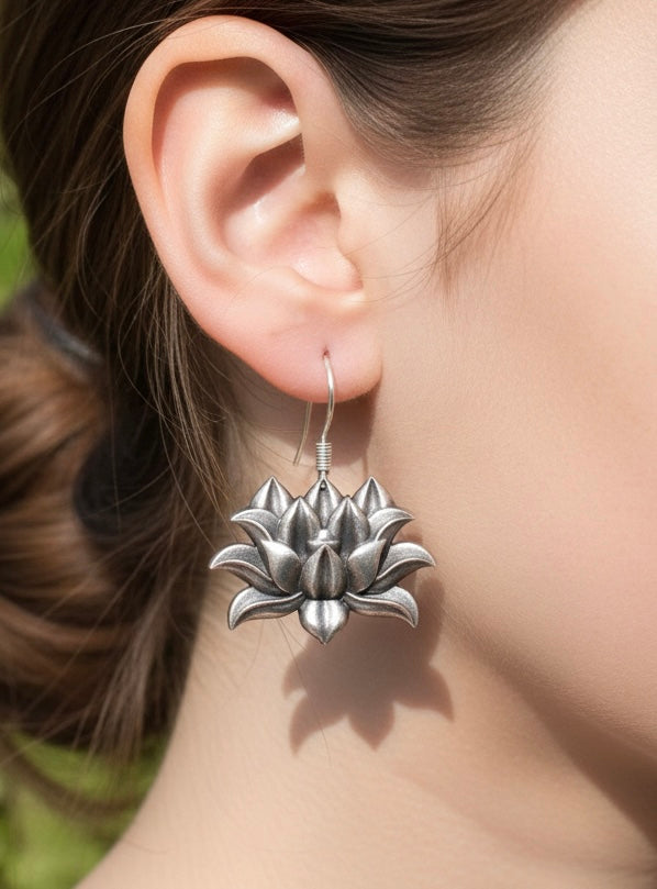 Artisan Oxidized Silver Lotus Drop Earrings | Statement Floral Jewelry