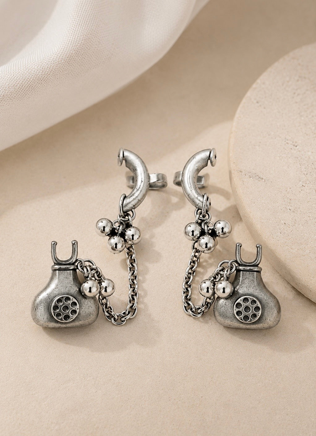 Vintage Telephone Dangle Earrings | Antique Rotary Phone Drops with Chain & Ghungroos