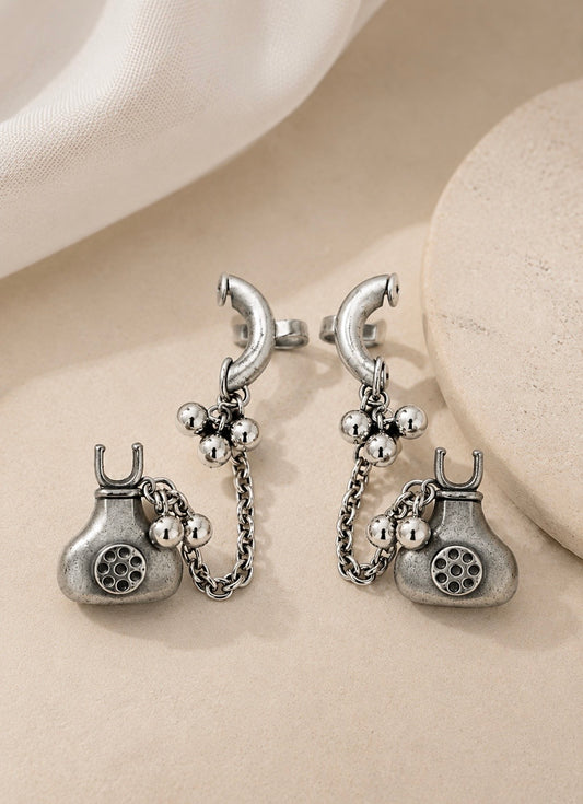 Vintage Telephone Dangle Earrings | Antique Rotary Phone Drops with Chain & Ghungroos