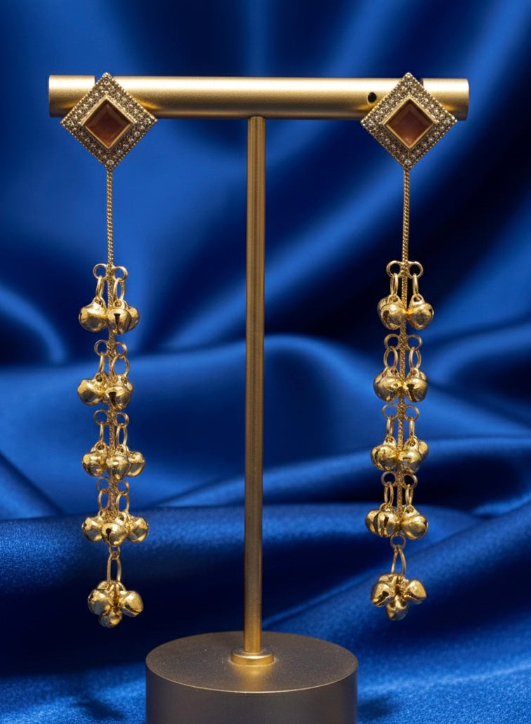 Golden Cascade Kashmiri Drop Earrings with Ghungroo Detailing