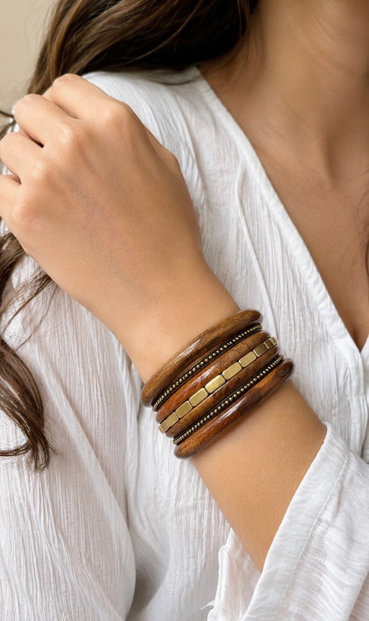 Polished Wood & Gold-Tone Bangle Stack | Sculptural Earthy Statement Cuff Set