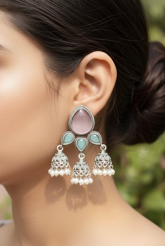 Blush & Mint Stone Triple Mini Pearl Jhumka Earrings – Oxidized Silver Finish