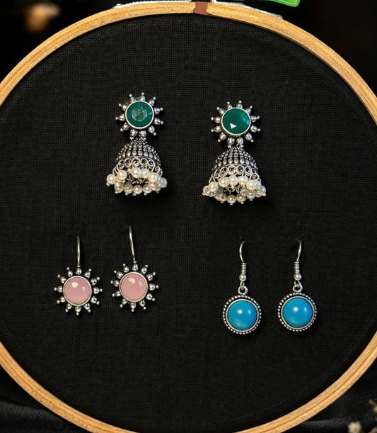Artisan Silver Trio Collection – Oxidized Jhumkas & Colorful Stone Drop Earring Set