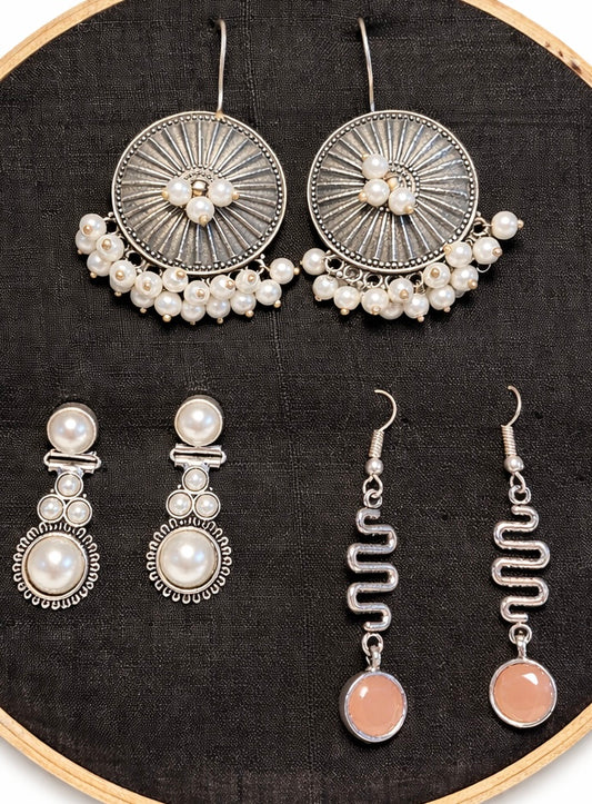 Pearl & Pastel Heritage Earring Trio | Oxidized Silver Curated Bundle