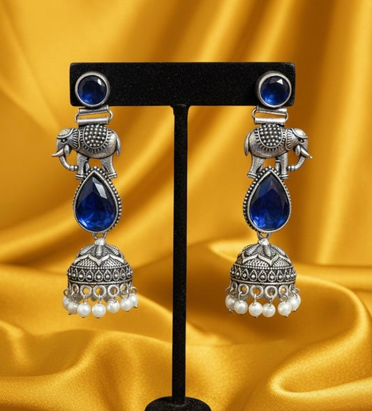 Elephant Motif Traditional Oxidized Silver Blue Stone Jhumka Earrings with Pearl Drops