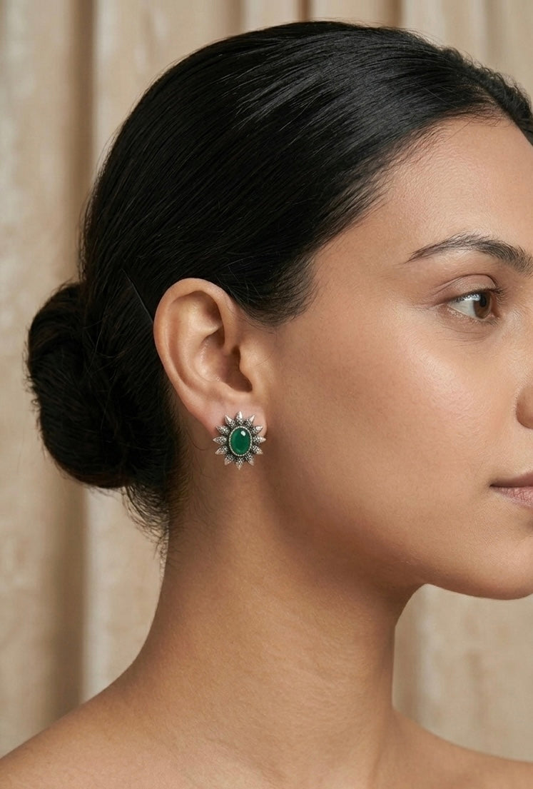Oxidized Silver Stone Studs | Tribal Sunburst Petite Earrings with Pastel Accents