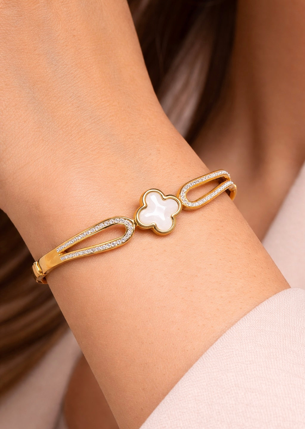 Baby Size Gold Clover Bangle | Crystal Pavé Radiant Charm Hinged Bracelet