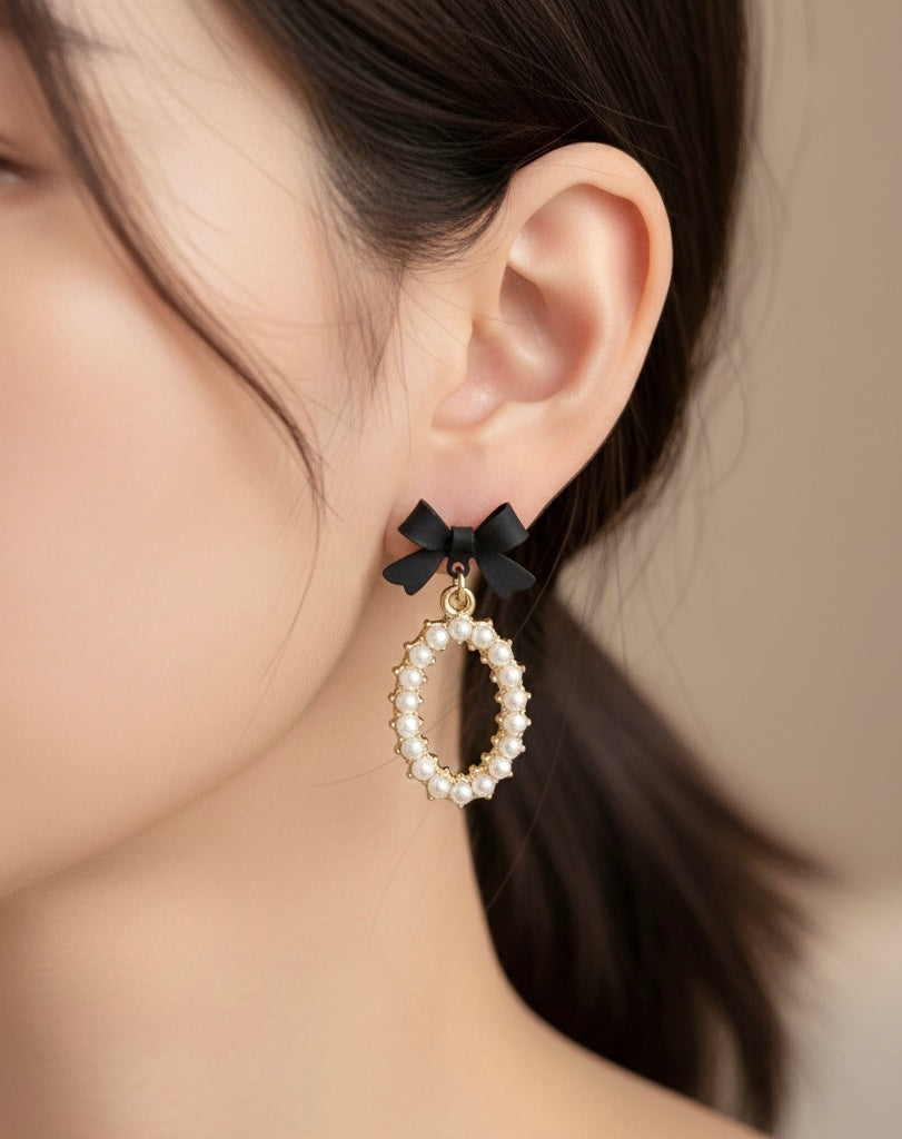 Black Bow Tie & Pearl Wreath Dangle Earrings | Chic Minimalist Drop Jewelry