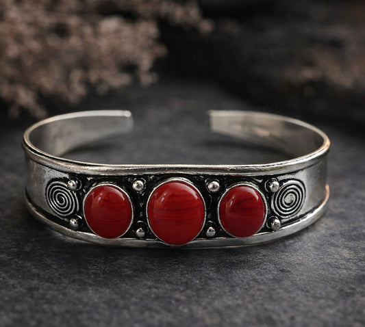 Oxidized Silver Cuff Bracelet with Triple Red Gemstone Cabochons